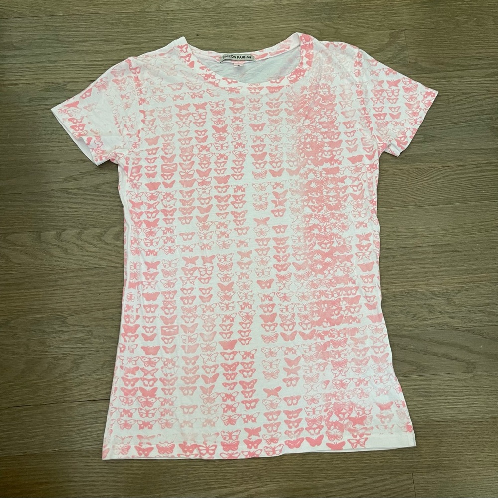 Simeon Farrar Hand Printed Pink and White Butterfly Women's T Shirt Size Small